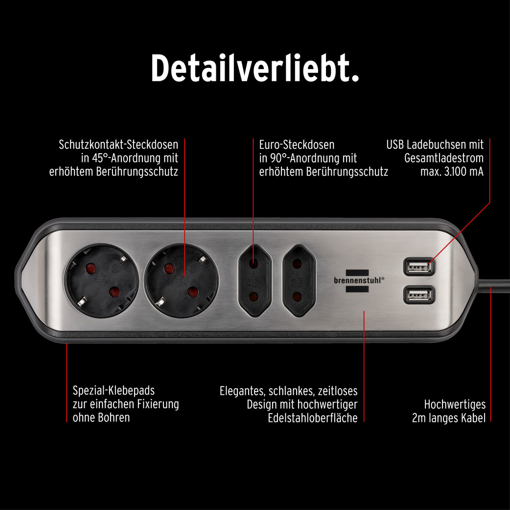 brennenstuhl®estilo Ecksteckdosenleiste mit USB-Ladefunktion 4-fach 2x  Schutzkontakt & 2x Euro silber/schwarz