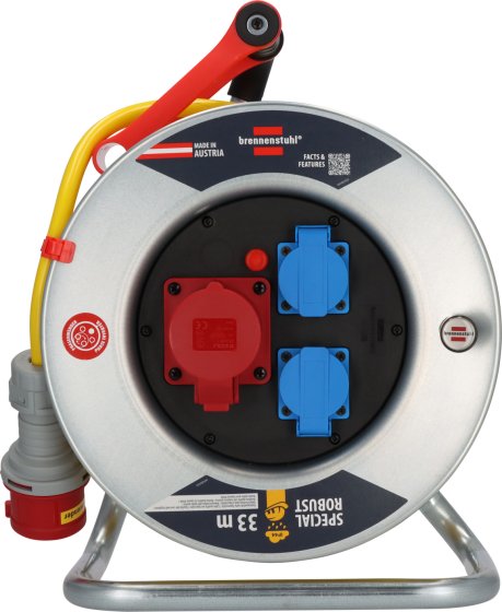 Professional CEE/5 Kabeltrommel SK 320 IP44 mit Phasenwender, 1xCEE/5 400V/16A, 2x Typ F, 33m AT-N07V3V3-F 5G2,5 gelb - Produktansicht