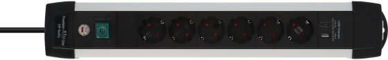 Premium-Alu-Line Steckdosenleiste 6-fach (Typ F) mit USB C PD 30W und USB A 18W 3m H05VV-F3G1,5 - Produktansicht
