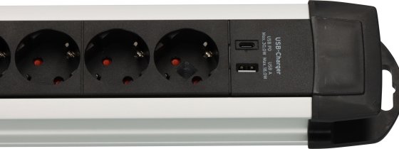 Premium-Alu-Line Steckdosenleiste 6-fach (Typ F) mit USB C PD 30W und USB A 18W 3m H05VV-F3G1,5 - Produktansicht
