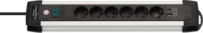 Premium-Alu-Line Steckdosenleiste 6-fach (Typ F) mit USB C PD 30W und USB A 18W 3m H05VV-F3G1,5