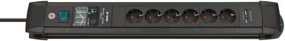 Premium-Line 30.000A &Uuml;berspannungsschutz-Steckdosenleiste mit USB-Ladefunktion 6-fach schwarz 3m H05VV-F 3G1,5 - Produktbild