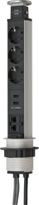Tower Power USB-Charger und LAN Tischsteckdosenleiste 3-fach 2xLAN-RJ45, 2xUSB, 2m H05VV-F 3G1,5 silber/schwarz