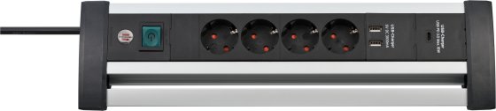 Alu-Office-Line Steckdosenleiste mit USB C Power Delivery USB-Ladefunktion 4-fach 1,8m H05VV-F 3G1,5 - Produktbild