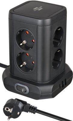 Steckdosenturm 8-fach mit 2x USB A, 1x USB C Power Delivery schwarz 2m H05VV-F3G1.5