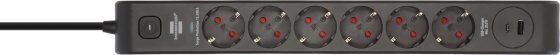 &Uuml;berspannungsschutz-Steckdosenleiste 6-fach 13.500 A mit 1x USB C PD 20W, 1x USB A 20W, 2m H05VV-F 3G1,5 schwarz/anthrazit - Produktansicht